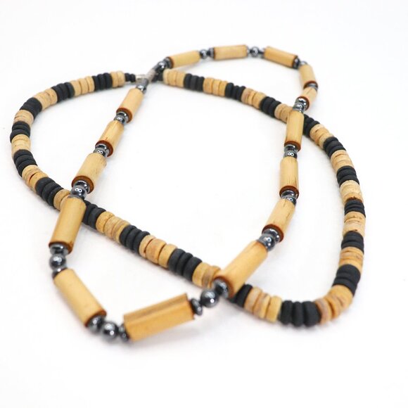 Men's Lot of 2 Necklaces Wood and Beads Native Black and Natural Wood Chokers - Picture 1 of 10
